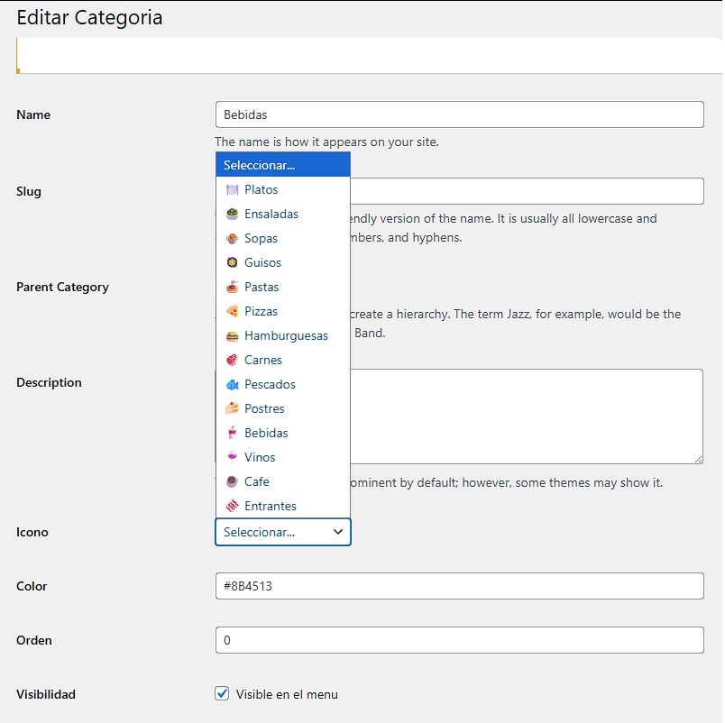 Lista de categorias con iconos, colores y orden